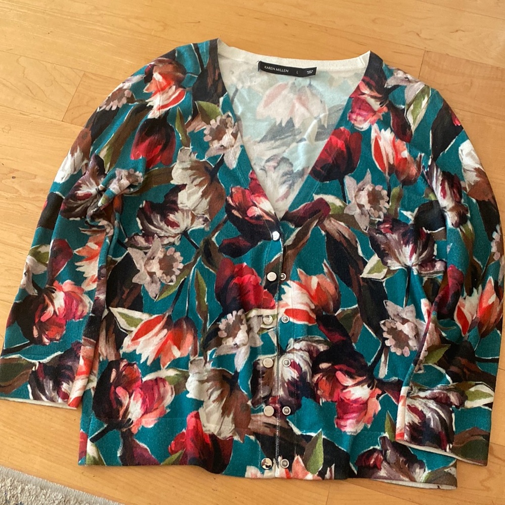 Karen Millen Teal Floral cardigan with snap buttons